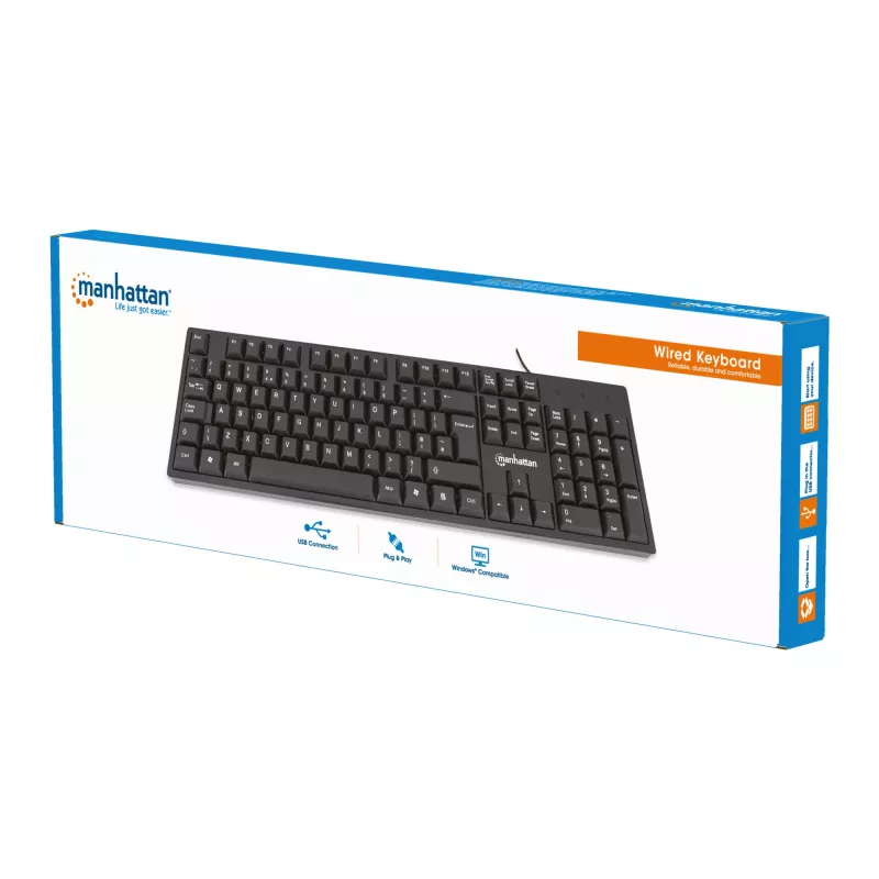 Manhattan tastatūra USB vadu, melna, pilna izmēra taustiņi, 1,5 m kabelis, USB-A savienojums, Plug and Play, trīs gadu garantija