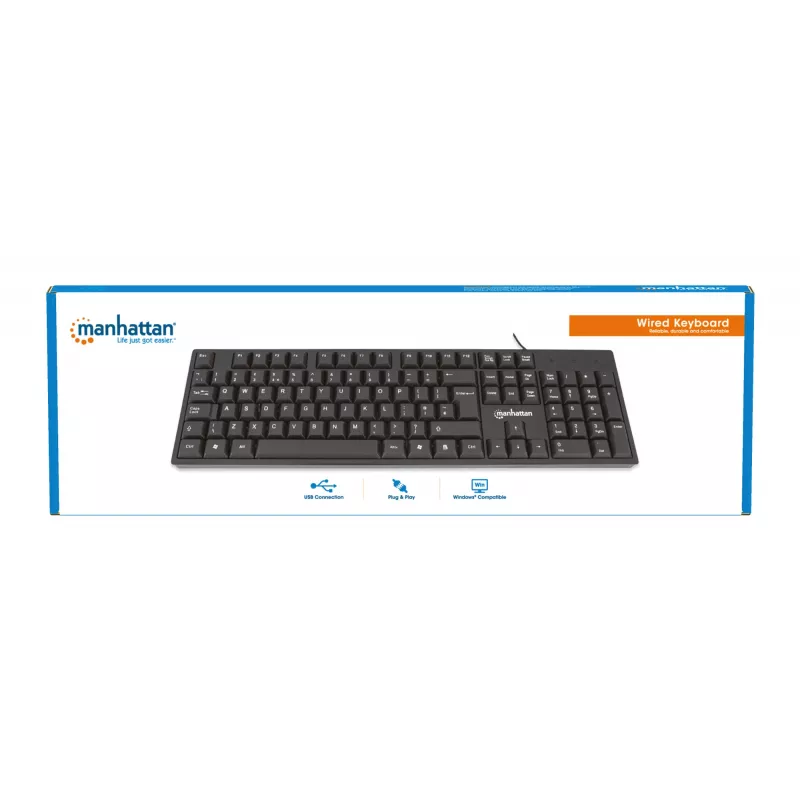 Manhattan tastatūra USB vadu, melna, pilna izmēra taustiņi, 1,5 m kabelis, USB-A savienojums, Plug and Play, trīs gadu garantija