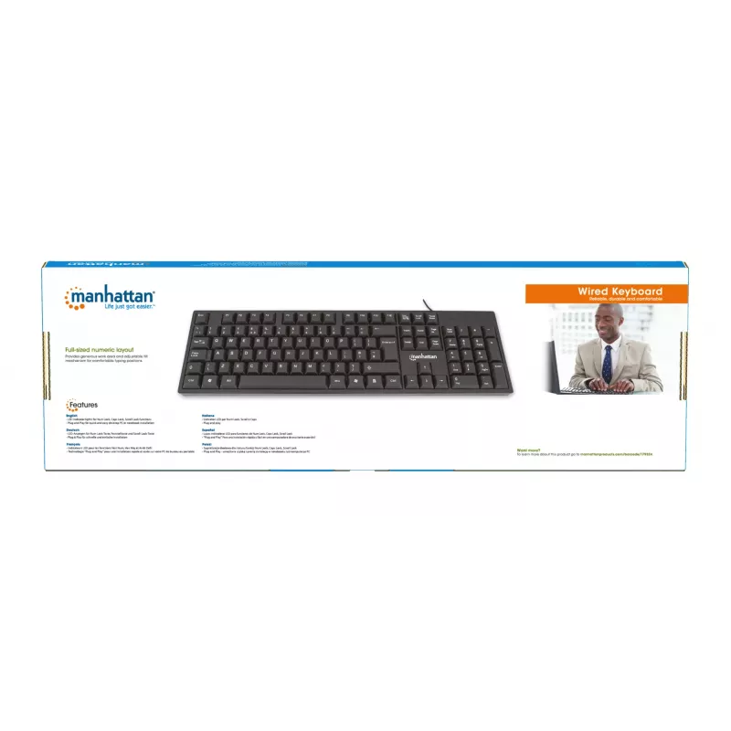 Manhattan tastatūra USB vadu, melna, pilna izmēra taustiņi, 1,5 m kabelis, USB-A savienojums, Plug and Play, trīs gadu garantija