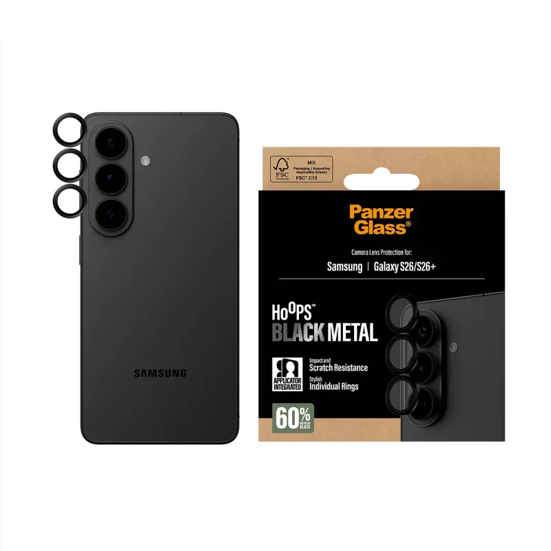 PanzerGlass Hoops kameras objektīva aizsargs melns Samsung Galaxy S26 / S26+ — rūdītais stikls un silikons, izturīgs pret skrāpējumiem un triecieniem