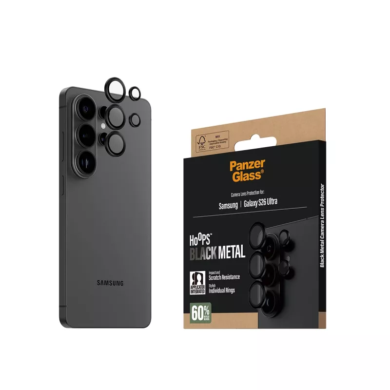 Kameras lēcas aizsargs PanzerGlass Hoops Samsung Galaxy S26 Ultra — rūdīts stikls, silikons, melns
