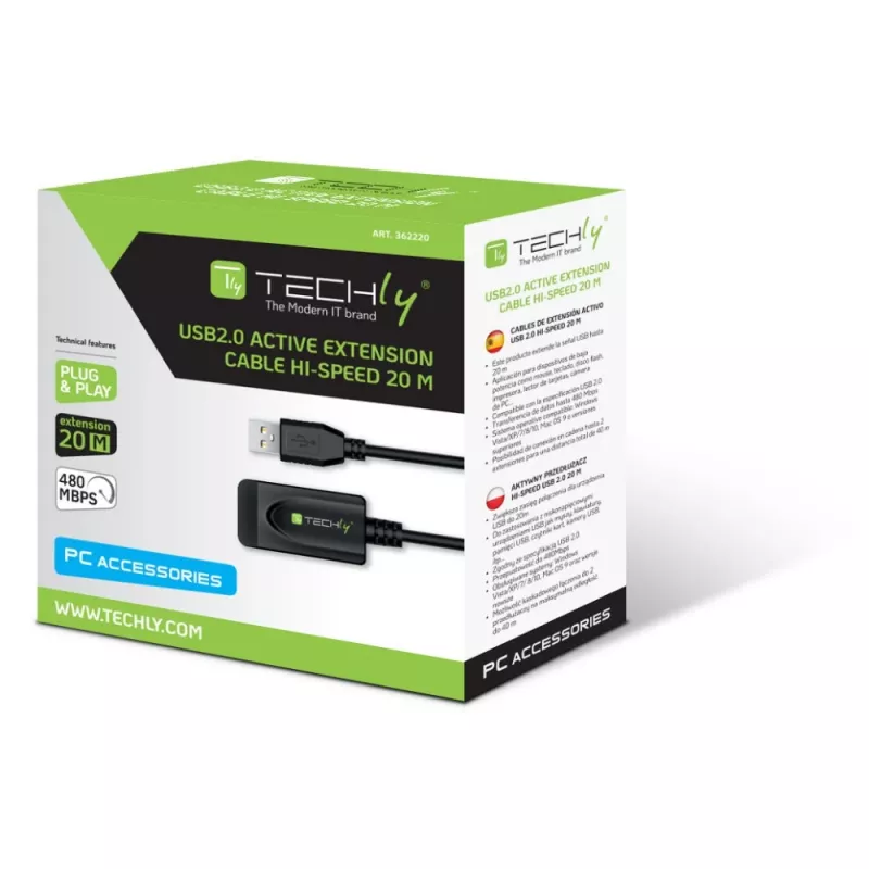 Techly IUSB-REP220TY3 USB kabelis USB 2.0 20 m USB A Melns