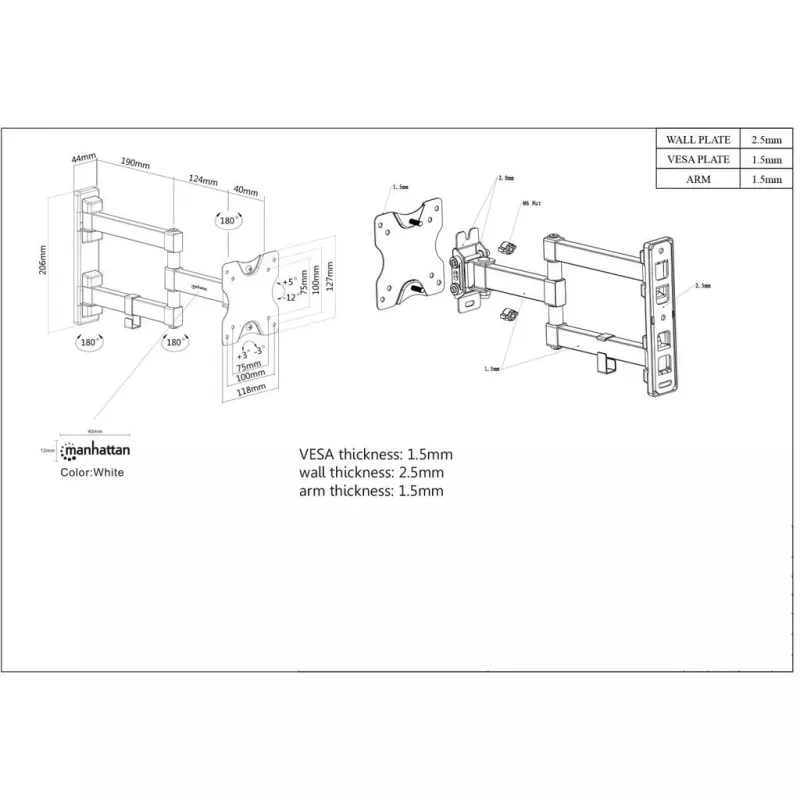 Manhattan sienas stiprinājums televizoriem un monitoriem (pilna kustība), ekrāniem no 13 collām līdz 27 collām, VESA saderība: 75x75 mm un 100x100 mm - pārbaudiet četru montāžas caurumu izmērus ekrāna aizmugurē, lai pārliecinātos par piemērotību, maks. 20 kg, melns, kronšteins