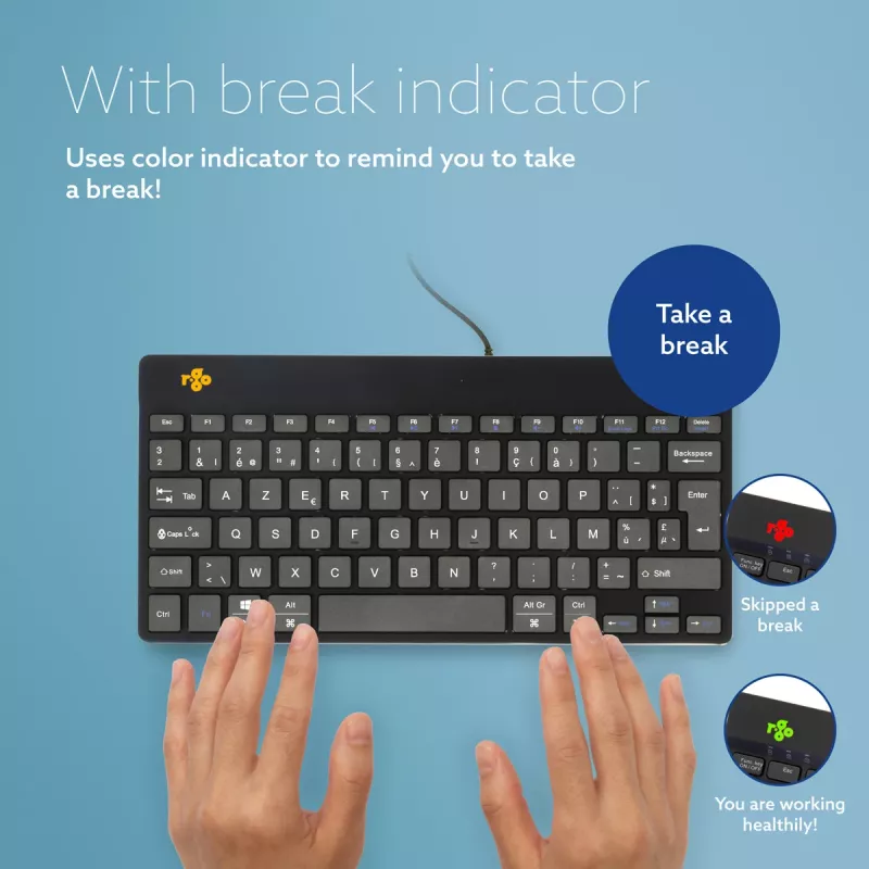 R-Go Tools Ergonomic tastatūra R-Go Compact Break, kompakta tastatūra ar pārtraukumu programmatūru, AZERTY (BE), vadu, melna