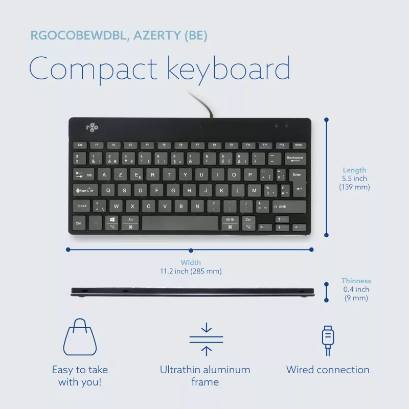 R-Go Tools Ergonomic tastatūra R-Go Compact Break, kompakta tastatūra ar pārtraukumu programmatūru, AZERTY (BE), vadu, melna