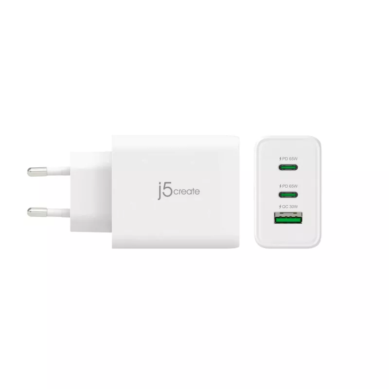 j5create JUP3365E-EN 65W GaN USB-C® 3-portu lādētājs, iekštelpu, maiņstrāva, balts