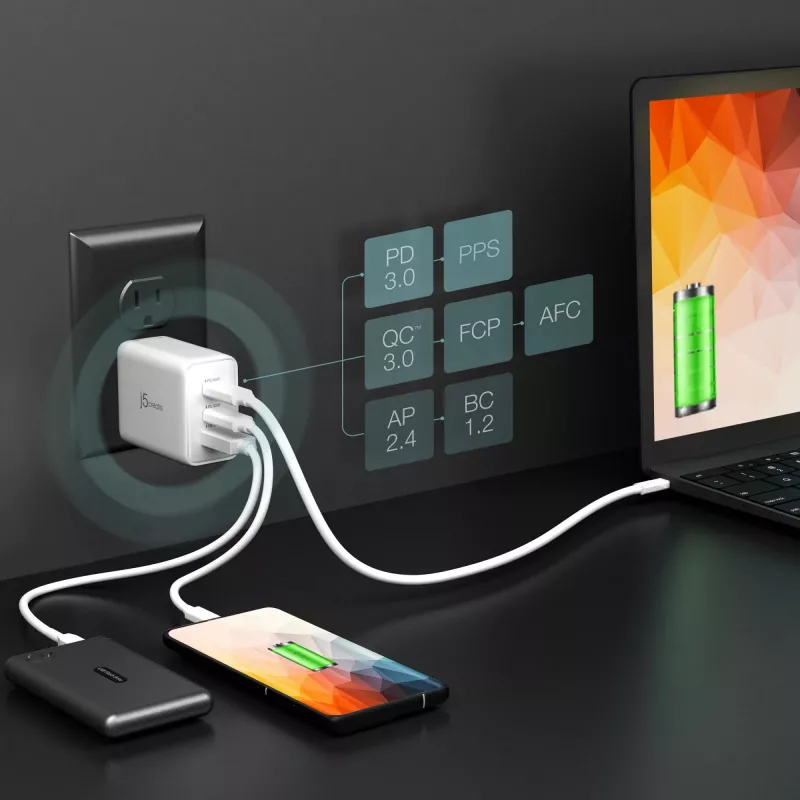 j5create JUP3365E-EN 65W GaN USB-C® 3-portu lādētājs, iekštelpu, maiņstrāva, balts