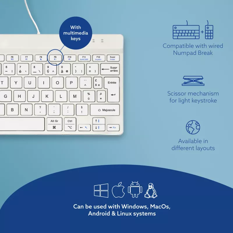 R-Go Tools Ergonomic tastatūra R-Go Compact Break, compact tastatūra with break software, AZERTY (FR), wired, balta