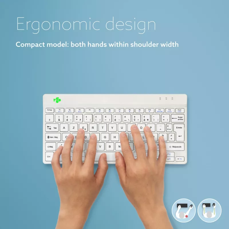 R-Go Tools Ergonomiska tastatūra R-Go Compact Break, kompakta tastatūra ar pārtraukumu programmatūru, AZERTY (FR), Bluetooth, balta