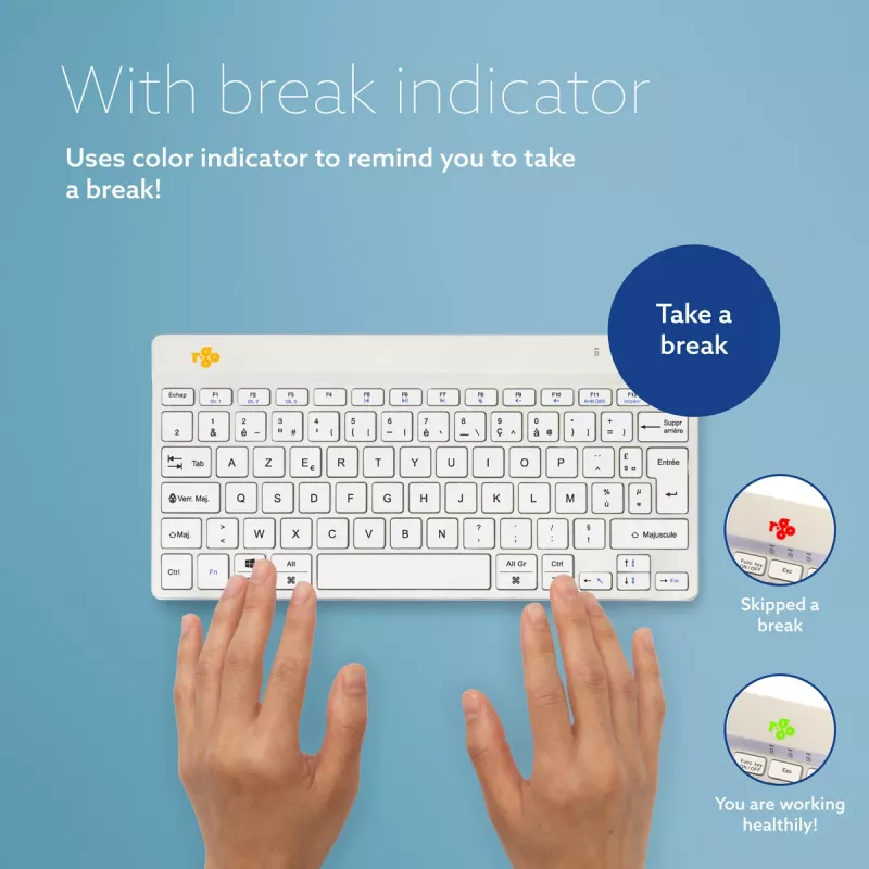 R-Go Tools Ergonomiska tastatūra R-Go Compact Break, kompakta tastatūra ar pārtraukumu programmatūru, AZERTY (FR), Bluetooth, balta