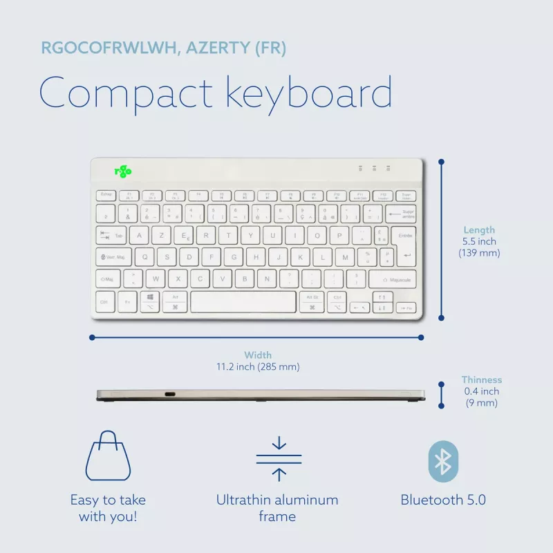 R-Go Tools Ergonomiska tastatūra R-Go Compact Break, kompakta tastatūra ar pārtraukumu programmatūru, AZERTY (FR), Bluetooth, balta