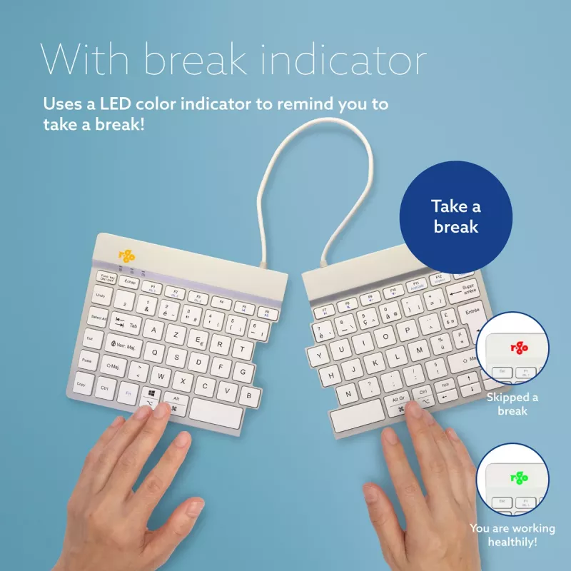 R-Go Tools Ergonomic tastatūra R-Go Split Break ar pārtraukuma programmatūru, ergonomiska dalīta tastatūra, AZERTY (FR), Bluetooth, balta