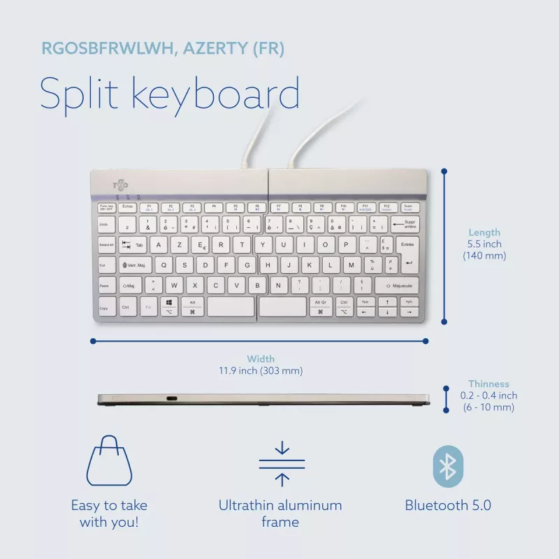 R-Go Tools Ergonomic tastatūra R-Go Split Break ar pārtraukuma programmatūru, ergonomiska dalīta tastatūra, AZERTY (FR), Bluetooth, balta