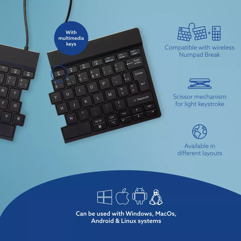 R-Go Tools Ergonomic tastatūra R-Go Split Break with break software, ergonomiska dalītā tastatūra, AZERTY (FR), Bluetooth, melna