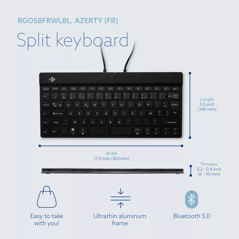 R-Go Tools Ergonomic tastatūra R-Go Split Break with break software, ergonomiska dalītā tastatūra, AZERTY (FR), Bluetooth, melna