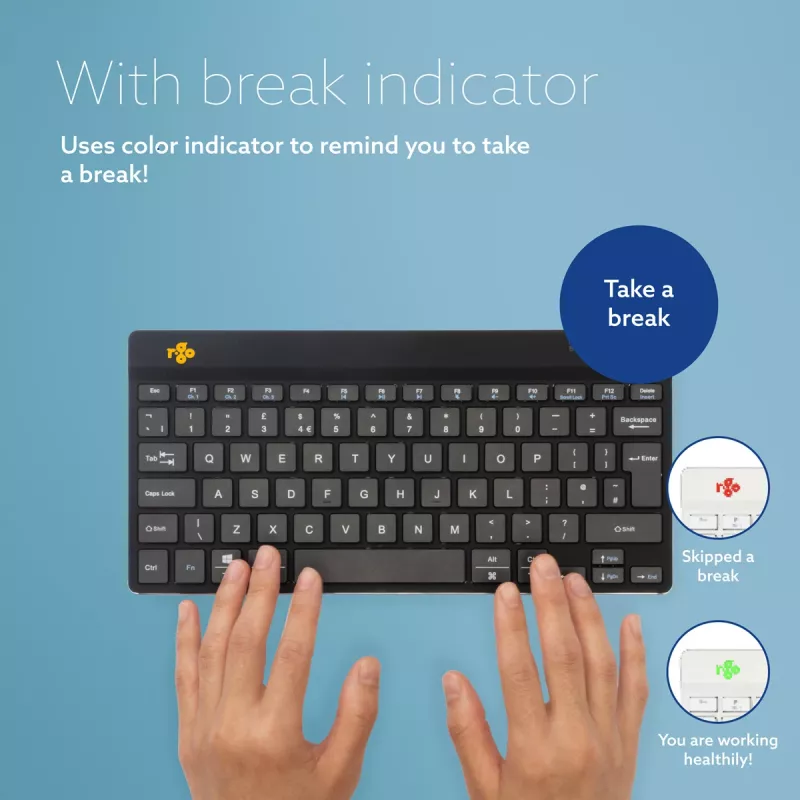 R-Go Tools Ergonomic tastatūra R-Go Compact Break, compact tastatūra with break software, AZERTY (BE), Bluetooth, Melns