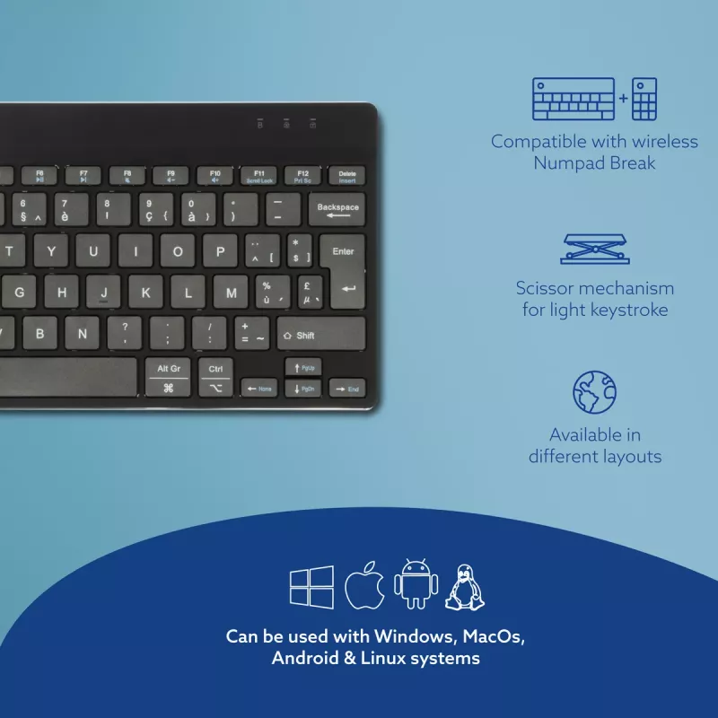 R-Go Tools Ergonomic tastatūra R-Go Compact Break, compact tastatūra with break software, AZERTY (BE), Bluetooth, Melns