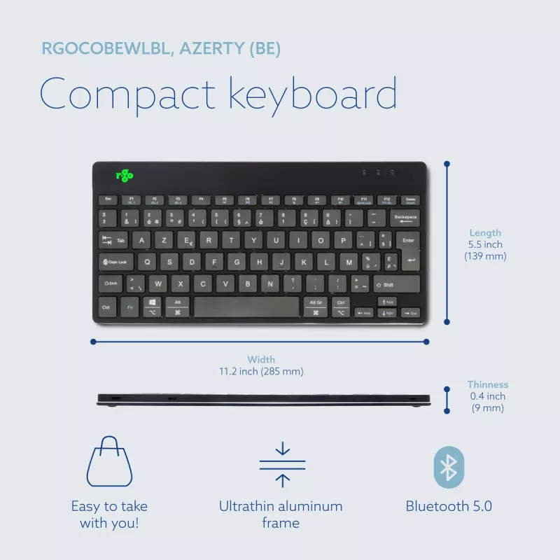 R-Go Tools Ergonomic tastatūra R-Go Compact Break, compact tastatūra with break software, AZERTY (BE), Bluetooth, Melns