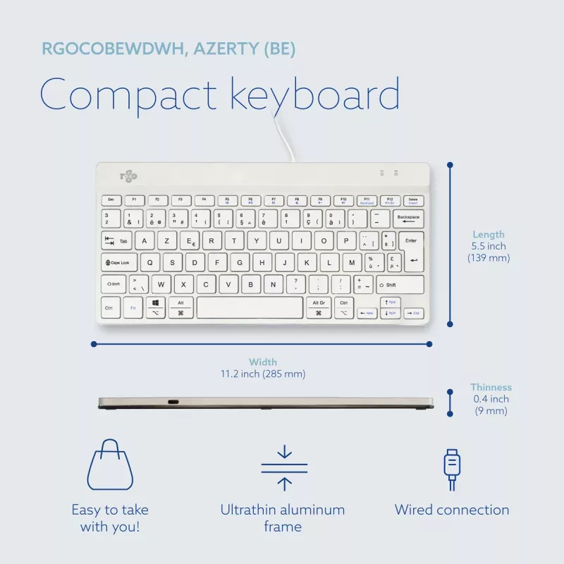 R-Go Tools Ergonomiska tastatūra R-Go Compact Break, kompakta tastatūra ar pārtraukuma programmatūru, AZERTY (BE), vadu, balta