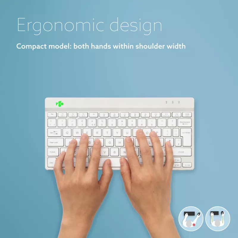 R-Go Tools ergonomiskā tastatūra R-Go Compact Break, kompakta tastatūra ar pārtraukuma programmatūru, AZERTY (BE), Bluetooth, balta