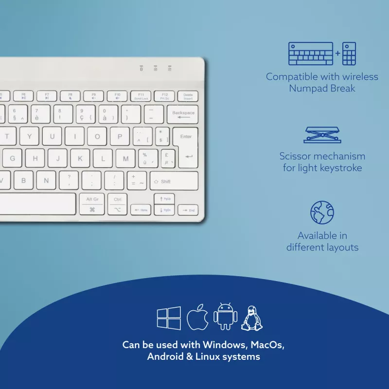 R-Go Tools ergonomiskā tastatūra R-Go Compact Break, kompakta tastatūra ar pārtraukuma programmatūru, AZERTY (BE), Bluetooth, balta