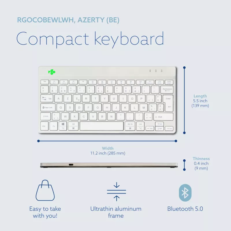 R-Go Tools ergonomiskā tastatūra R-Go Compact Break, kompakta tastatūra ar pārtraukuma programmatūru, AZERTY (BE), Bluetooth, balta