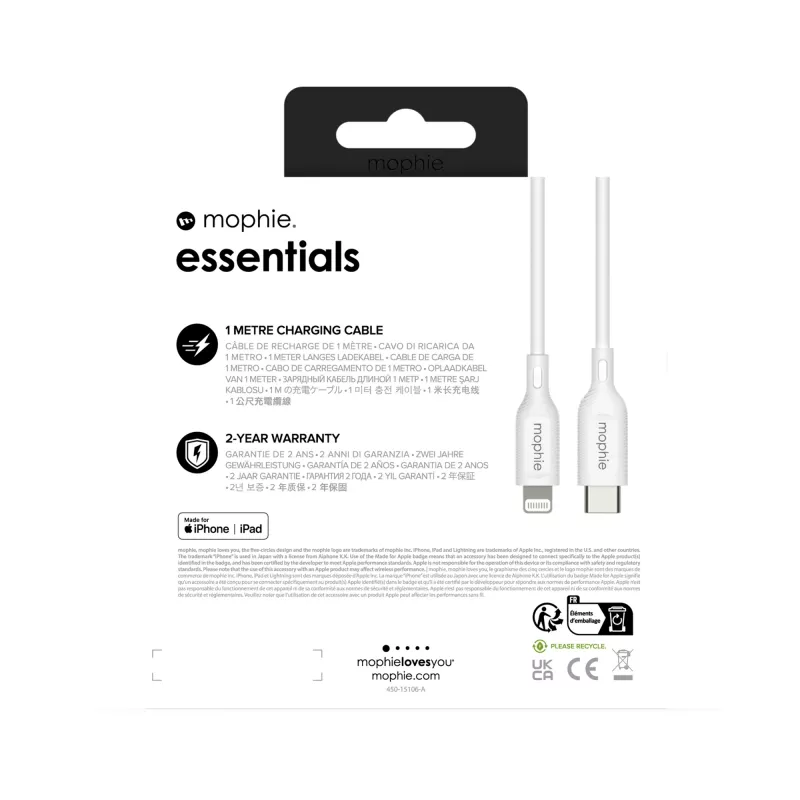 mophie essentials Lightning uz USB-C | uzlādes kabelis (1 m) Balts