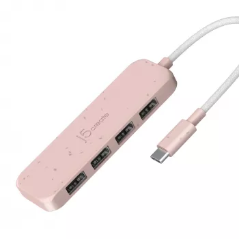 USB-C uz 4 portu USB-A Gen 2 centrmezgls j5create — 10 Gbps, USB 3.2, rožains, ABS pārstrādāta plastmasa, 100×27×19 mm