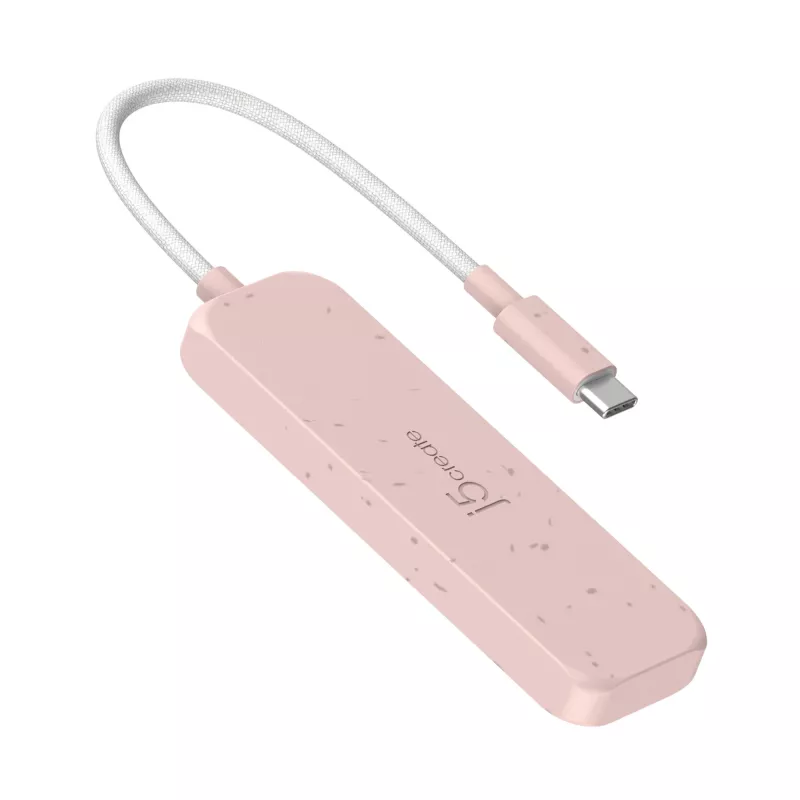 USB-C uz 4 portu USB-A Gen 2 centrmezgls j5create — 10 Gbps, USB 3.2, rožains, ABS pārstrādāta plastmasa, 100×27×19 mm
