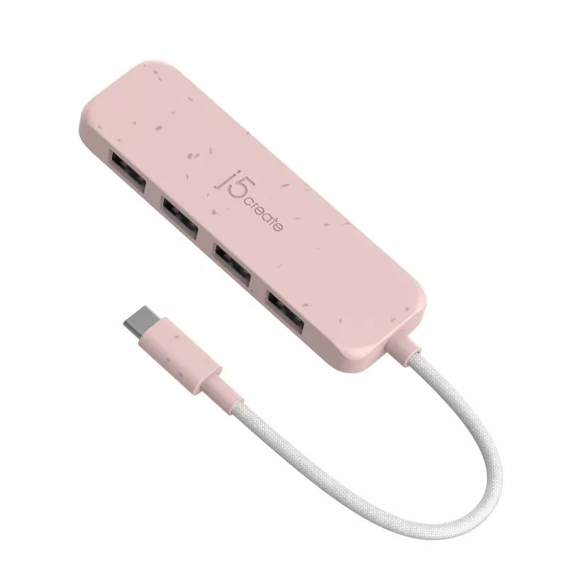 USB-C uz 4 portu USB-A Gen 2 centrmezgls j5create — 10 Gbps, USB 3.2, rožains, ABS pārstrādāta plastmasa, 100×27×19 mm