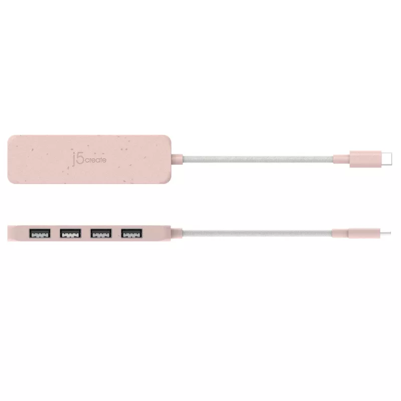 USB-C uz 4 portu USB-A Gen 2 centrmezgls j5create — 10 Gbps, USB 3.2, rožains, ABS pārstrādāta plastmasa, 100×27×19 mm