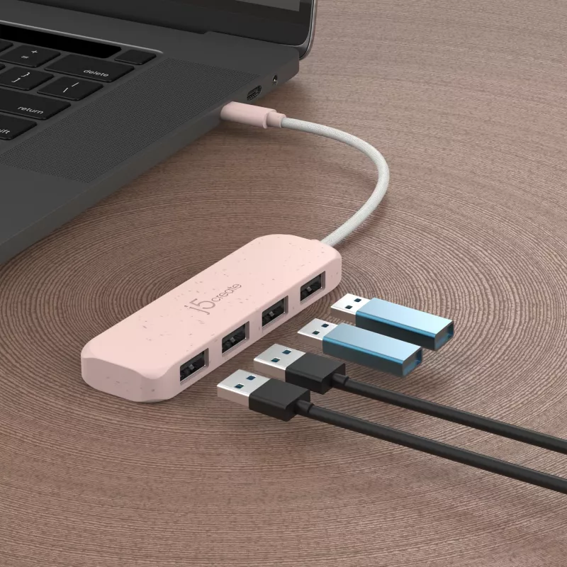 USB-C uz 4 portu USB-A Gen 2 centrmezgls j5create — 10 Gbps, USB 3.2, rožains, ABS pārstrādāta plastmasa, 100×27×19 mm