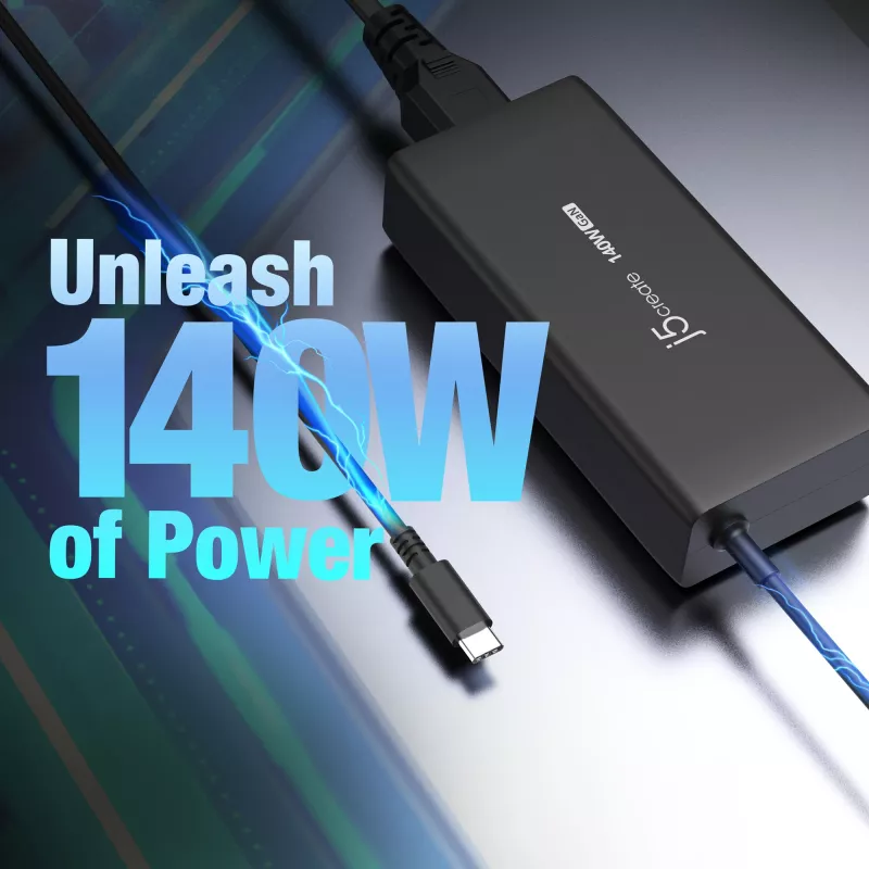 USB-C GaN lādētājs j5create JUP17140 140W PD3.1, iekštelpām, melns, 59×127×30,5 mm