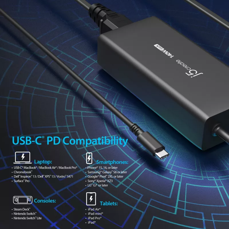 USB-C GaN lādētājs j5create JUP17140 140W PD3.1, iekštelpām, melns, 59×127×30,5 mm