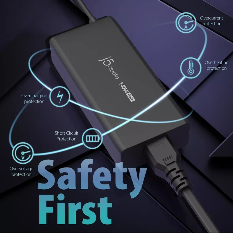 USB-C GaN lādētājs j5create JUP17140 140W PD3.1, iekštelpām, melns, 59×127×30,5 mm