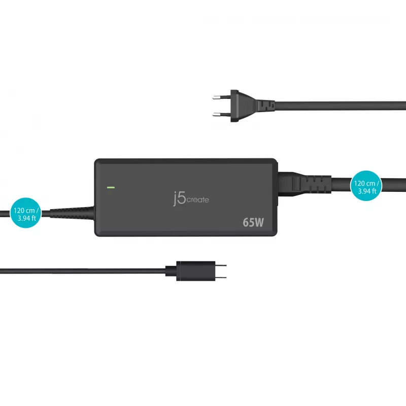 USB-C PD strāvas adapteris j5create JUP1265 — 65 W, iekštelpu, melns, plastmasa, 118×32×50 mm (ES)