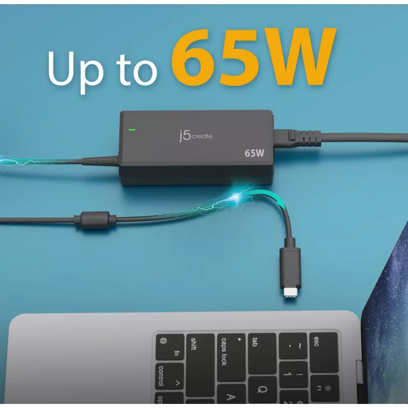 USB-C PD strāvas adapteris j5create JUP1265 — 65 W, iekštelpu, melns, plastmasa, 118×32×50 mm (ES)