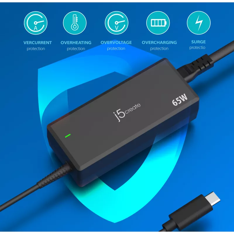 USB-C PD strāvas adapteris j5create JUP1265 — 65 W, iekštelpu, melns, plastmasa, 118×32×50 mm (ES)