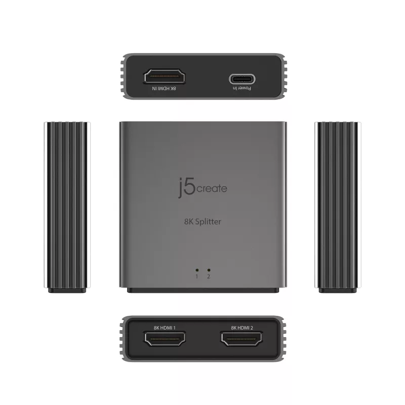 j5create JDSH812 8K HDMI™ 2.1 2 virzienu sadalītājs, HDMI, 2x HDMI, 7680 x 4320 pikseļi, Pelēks, Alumīnijs, 8K Ultra HD