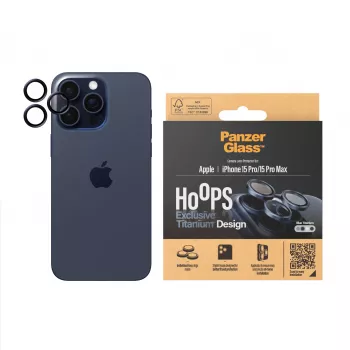 PanzerGlass Hoops kameru objektīvu aizsargstikls iPhone 15 Pro 15 Pro Max zils titāns izturīgs pret skrāpējumiem un triecieniem