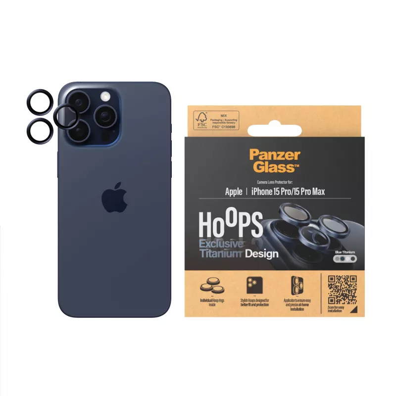 PanzerGlass Hoops kameru objektīvu aizsargstikls iPhone 15 Pro 15 Pro Max zils titāns izturīgs pret skrāpējumiem un triecieniem