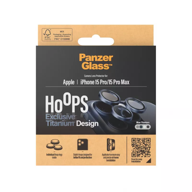 PanzerGlass Hoops kameru objektīvu aizsargstikls iPhone 15 Pro 15 Pro Max zils titāns izturīgs pret skrāpējumiem un triecieniem