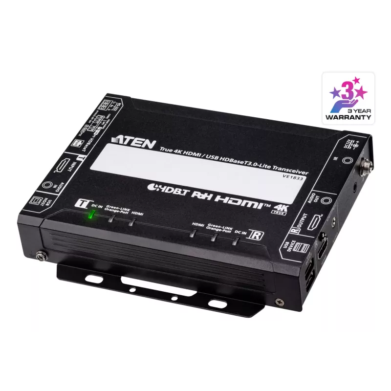 AV raidītājs un uztvērējs ATEN True 4K HDMI/USB HDBT3.0-Lite – 4096×2160 @ līdz 40 m, USB Type-A/Type-B, līdzstrāvas barošana