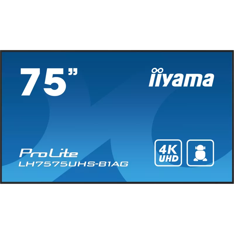 iiyama LH7575UHS-B1AG Signage Display digitālās norādes plakanais panelis 190.5 cm (75 collas) LCD Wi-Fi 500 cd/m² 4K Ultra HD Melns Iebūvēts procesors Android 11 24/7