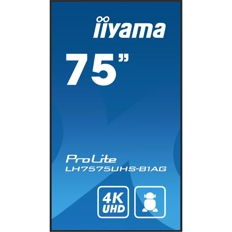 iiyama LH7575UHS-B1AG Signage Display digitālās norādes plakanais panelis 190.5 cm (75 collas) LCD Wi-Fi 500 cd/m² 4K Ultra HD Melns Iebūvēts procesors Android 11 24/7