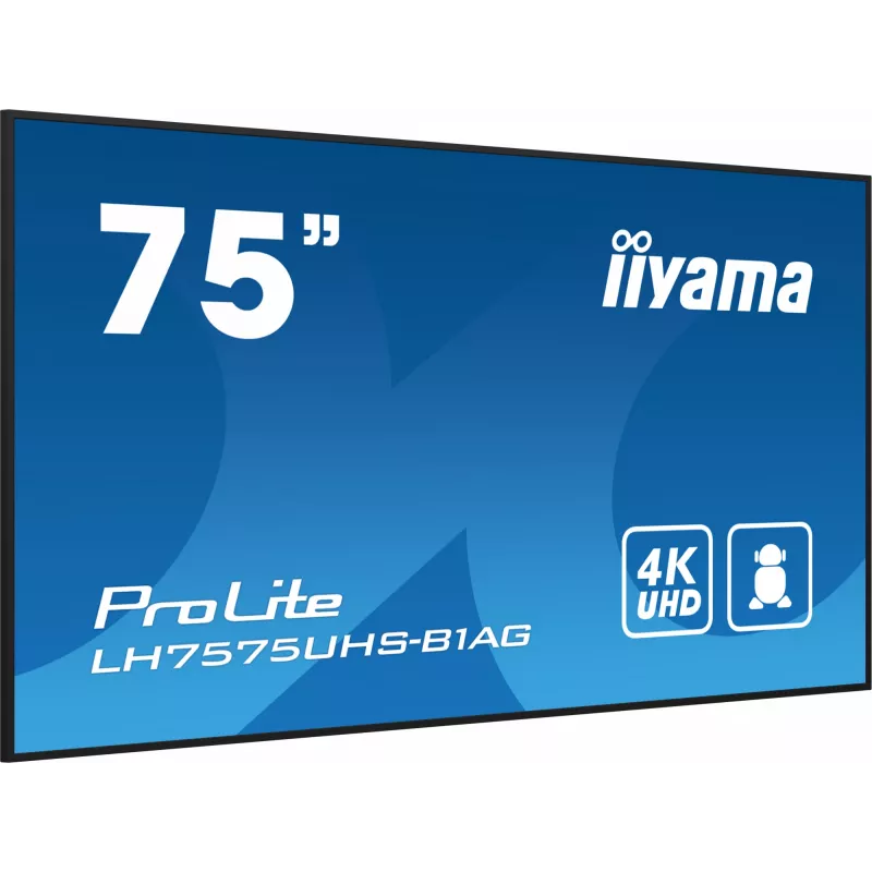 iiyama LH7575UHS-B1AG Signage Display digitālās norādes plakanais panelis 190.5 cm (75 collas) LCD Wi-Fi 500 cd/m² 4K Ultra HD Melns Iebūvēts procesors Android 11 24/7