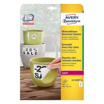 Pašlīmējoša etiķete Avery L4715REV-20 Noapaļots taisnstūris Noņemama Balta