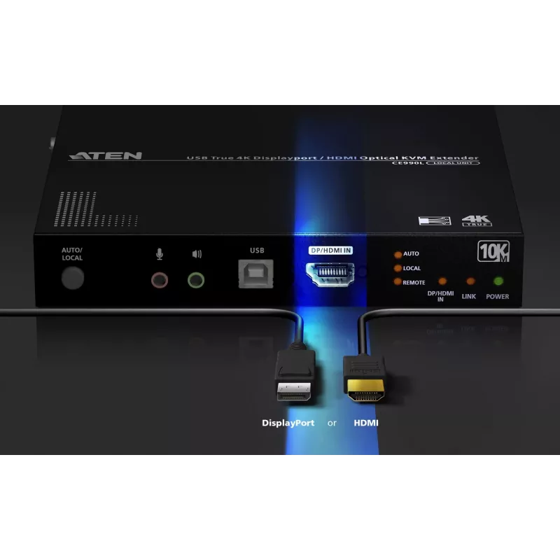 ATEN True 4K DP/HDMI Optical KVM 10km, raidītājs un uztvērējs, vadu, 10000 m, 4096 x 2160 pikseļi, melns, metāls