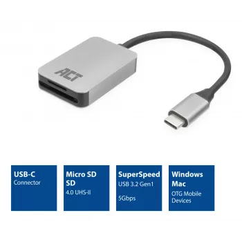 Karšu lasītājs ACT AC7056 USB 3.2 Gen 1 Type-C pelēks MicroSD SD