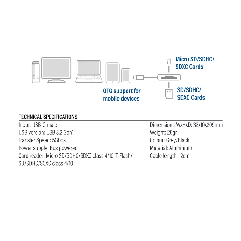 Karšu lasītājs ACT AC7056 USB 3.2 Gen 1 Type-C pelēks MicroSD SD